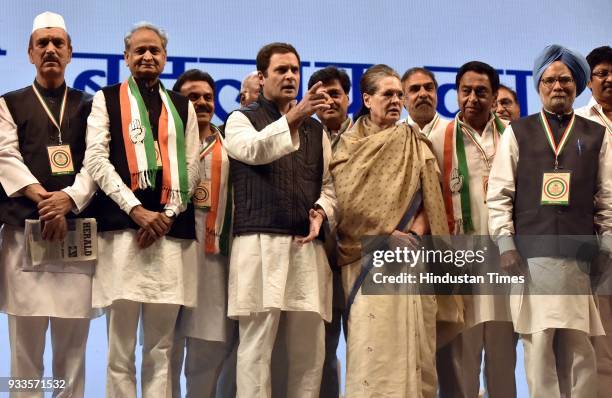 Congress Party President Rahul Gandhi with Sonia Gandhi and Dr. Manmohan Singh and other leaders during the second day of the 84th Plenary Session of...