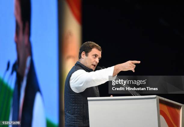 Congress Party President Rahul Gandhi speaks during the second day of the 84th Plenary Session of Indian National Congress at the Indira Gandhi...