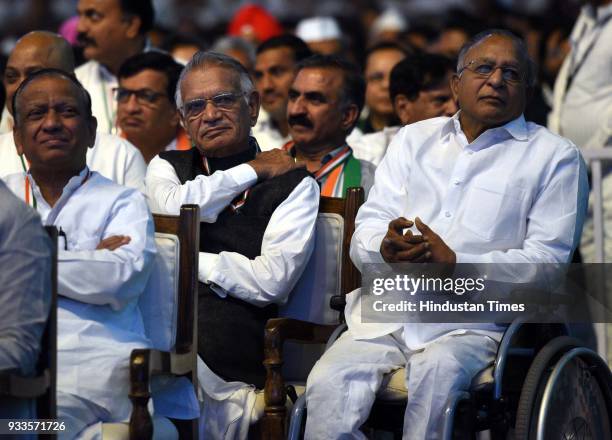 Congress Leaders and former Minister Shivraj Patil and Jaipal Reddy during the second day of the 84th Plenary Session of Indian National Congress at...