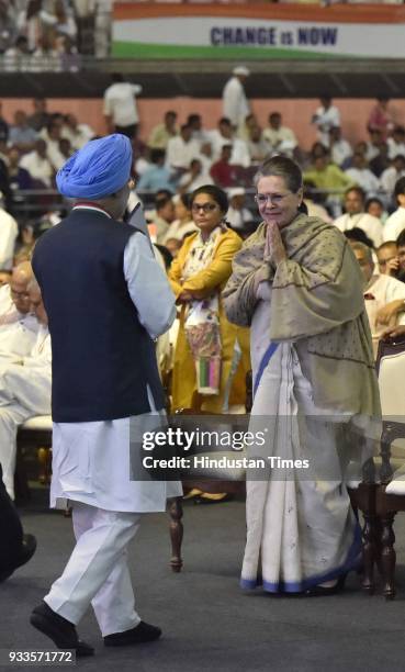 Former President of Indian National Congress party Sonia Gandhi, and Former Prime Minister Dr. Manmohan Singh during the second day of the 84th...