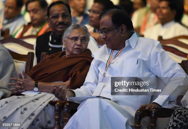 Sheila Diskshit with former Union Minister of Finance of India P. Chidambaram during the second day of the 84th Plenary Session of Indian National...