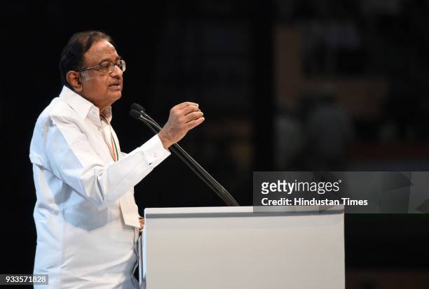 Former Union Minister of Finance of India P. Chidambaram during the second day of the 84th Plenary Session of Indian National Congress at the Indira...