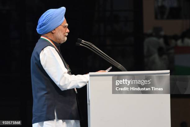 Former Prime Minister Dr. Manmohan Singh addresses during the second day of the 84th Plenary Session of Indian National Congress at the Indira Gandhi...