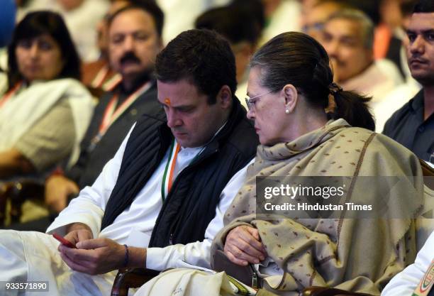 Congress Party President Rahul Gandhi with Former President of Indian National Congress Sonia Gandhi during the second day of the 84th Plenary...