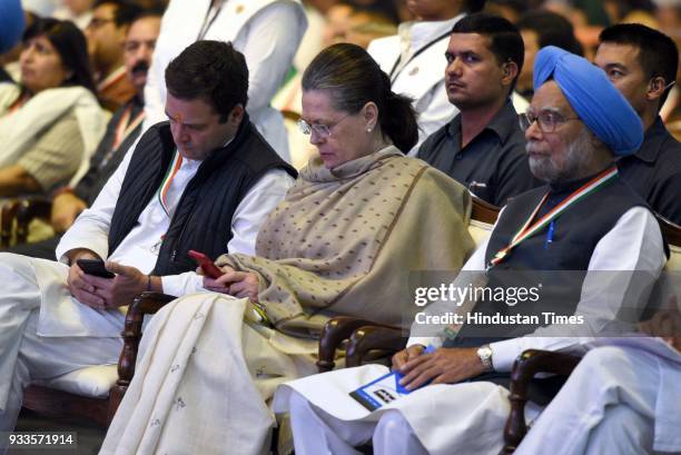Congress Party President Rahul Gandhi, Former President of Indian National Congress Sonia Gandhi, and Former Prime Minister Dr. Manmohan Singh during...