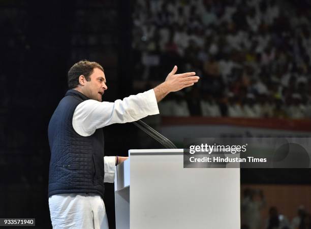 Congress Party President Rahul Gandhi speaks during the second day of the 84th Plenary Session of Indian National Congress at the Indira Gandhi...