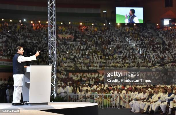 Congress Party President Rahul Gandhi speaks during the second day of the 84th Plenary Session of Indian National Congress at the Indira Gandhi...