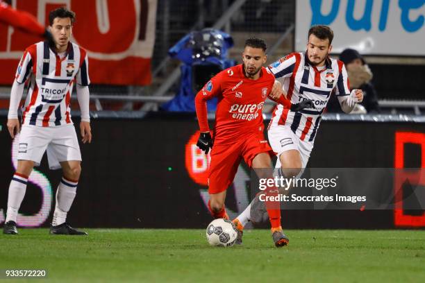 Adam Maher of FC Twente, Pedro Chirivella of Willem II during the Dutch Eredivisie match between Fc Twente v Willem II at the De Grolsch Veste on...