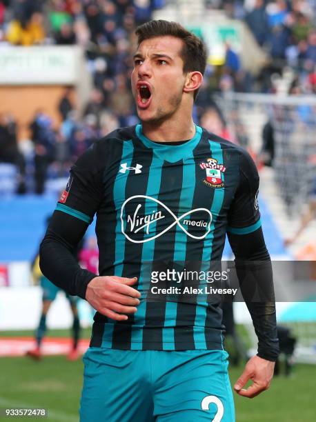 Cedric Soares of Southampton celebrates as he scores their second goal during The Emirates FA Cup Quarter Final match between Wigan Athletic and...
