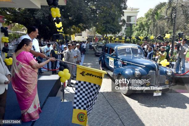 Lok Sabha speaker Sumitra Mahajan flags off during the JK Tyre Constitution Club Car Rally 2018, to raise awareness on safe driving and to honour the...