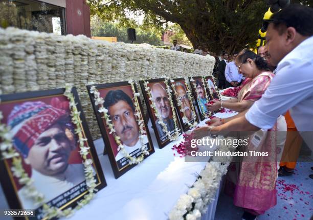 Lok Sabha speaker Sumitra Mahajan paying tribute to the leaders who were died in accident during the JK Tyre Constitution Club Car Rally 2018, to...