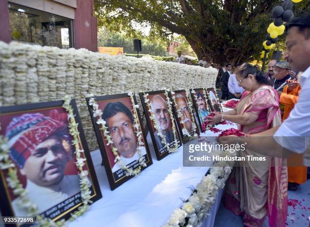 Lok Sabha speaker Sumitra Mahajan paying tribute to the leaders who were died in accident during the JK Tyre Constitution Club Car Rally 2018, to...