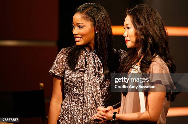 Actress Keke Palmer and reporter Julie Chang on the set of Good Day New York at the Good Day Studio on November 24, 2009 in New York City.