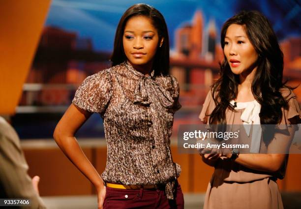 Actress Keke Palmer and reporter Julie Chang on the set of Good Day New York at the Good Day Studio on November 24, 2009 in New York City.