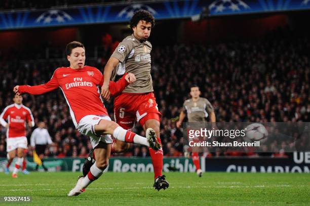 Samir Nasri of Arsenal scores the first goal during the UEFA Champions League group H match between Arsenal and Standard Liege at Emirates Stadium on...