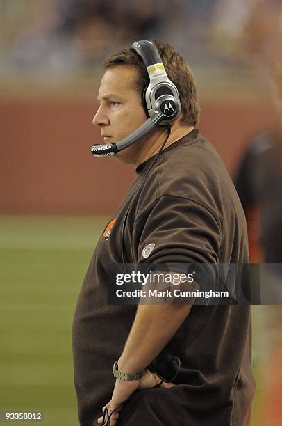 Cleveland Browns head coach Eric Mangini looks on from the sidelines during the game against the Detroit Lions at Ford Field on November 22, 2009 in...