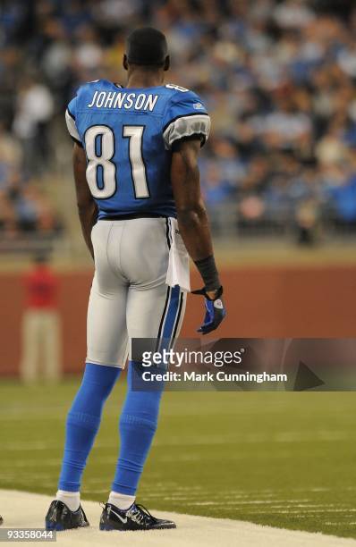 Calvin Johnson of the Detroit Lions looks on from the sidelines during the game against the Cleveland Browns at Ford Field on November 22, 2009 in...