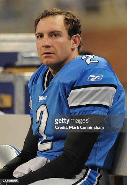 Nick Harris of the Detroit Lions looks on from the sidelines against the Cleveland Browns at Ford Field on November 22, 2009 in Detroit, Michigan....
