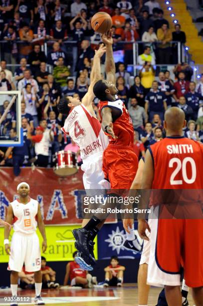 Petr Benda of CEZ Nymburk and Pervis Pasco of Lauretana Biella in action at the tip-off during the Eurocup Basketball Regular Season 2009-2010 Game...