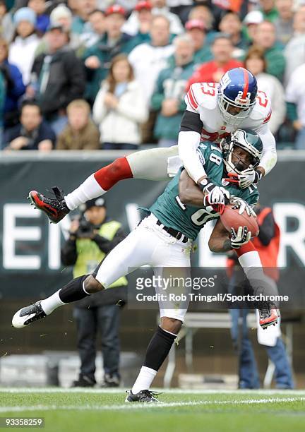 Jeremy Maclin of the Philadelphia Eagles makes a catch as Corey Webster of the New York Giants defends on November 1, 2009 at Lincoln Financial Field...