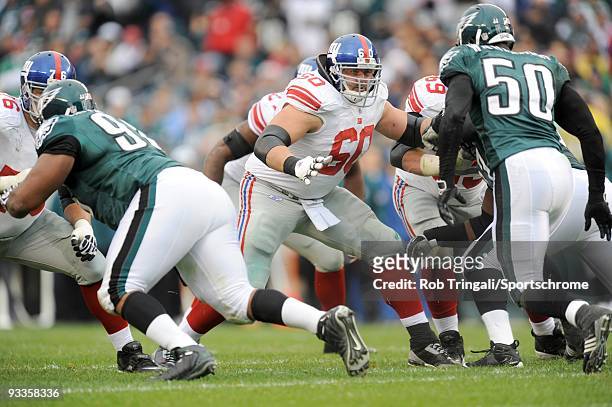 Shaun O'Hara of the New York Giants blocks against the Philadelphia Eagles on November 1, 2009 at Lincoln Financial Field in Philadelphia,...