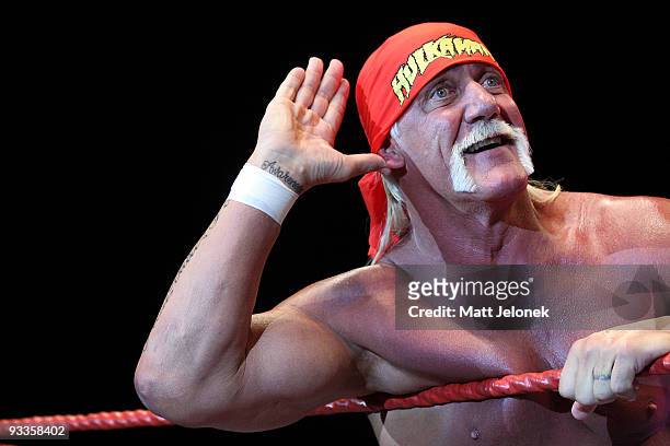 Hulk Hogan in action during his Hulkamania Tour at the Burswood Dome on November 24, 2009 in Perth, Australia.