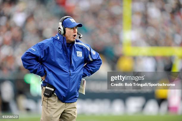 Tom Coughlin Head Coach of the New York Giants looks on against the Philadelphia Eagles on November 1, 2009 at Lincoln Financial Field in...