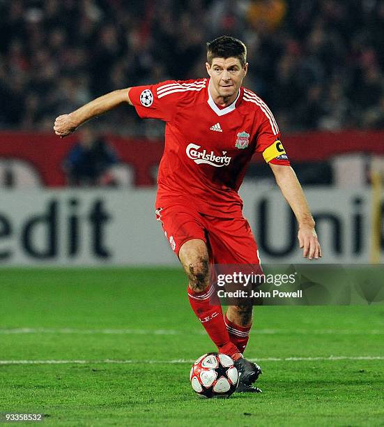 Steven Gerrard captain of Liverpool in action during the UEFA Champions League group E match between Debrecen and Liverpool at the Ferenc Puskas...