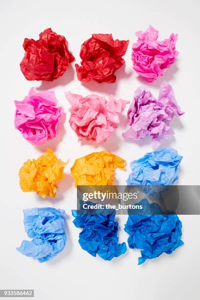 high angle view of crumpled paper balls - system failure stock pictures, royalty-free photos & images