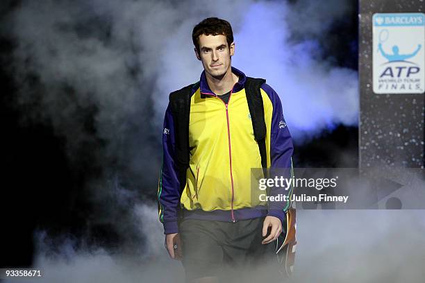 Andy Murray of Great Britain arrives during the men's singles second round match against Roger Federer of Switzerland during the Barclays ATP World...