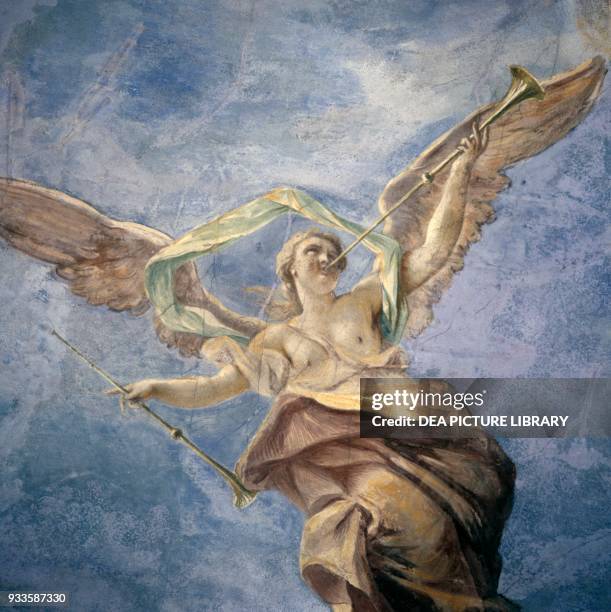 Angel playing the trumpet, fresco on the ceiling of the grand staircase, by Sebastiano Ricci, Schonbrunn castle , Austria, 18th century. Detail.