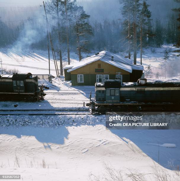 Snow-covered section of the Trans-Siberian railway near Novokuznetsk, Siberia.