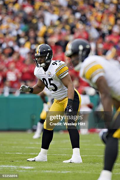 Linebacker Donovan Woods of the Pittsburgh Steelers waits for a kickoff during NFL action against the Kansas City Chiefs at Arrowhead Stadium on...