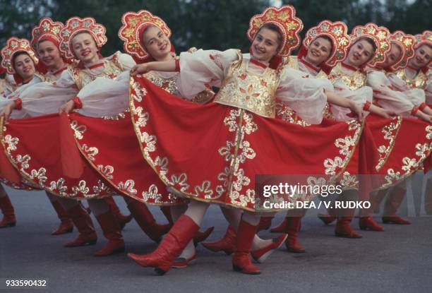 Girls wearing traditional costumes, folk group, Russia.