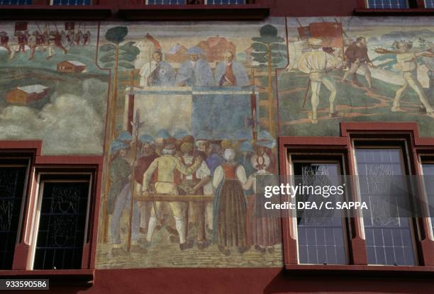 Facade of a frescoed house in Appenzell, Canton of Appenzell Innerrhoden, Switzerland.