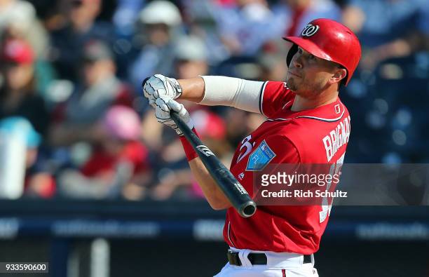 Reid Brignac of the Washington Nationals in action against the New York Mets during a spring training game at FITTEAM Ball Park of the Palm Beaches...