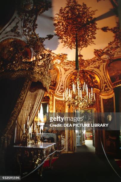 Frescoes, bas reliefs, and a chandelier, interior of Linderhof Palace, 1864-1886, Bavaria, Germany, 19th century.
