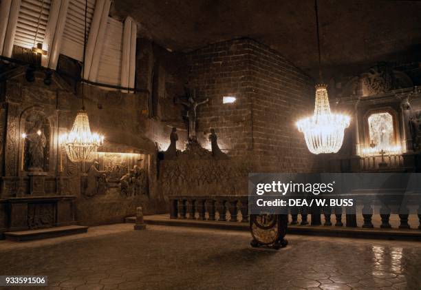 The cathedral carved out of the rock salt in Wieliczka salt mine , Poland.