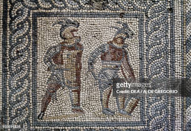 Retiarius, type of gladiator, scene from Gladiator mosaic, insula 30, Augusta Raurica, Augst, Canton of Basel-Landschaft, Switzerland. Roman...