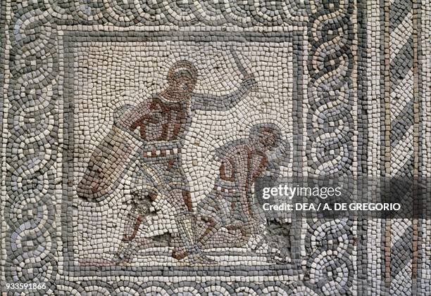 Eques, type of gladiator, scene from Gladiator mosaic, insula 30, Augusta Raurica, Augst, Canton of Basel-Landschaft, Switzerland. Roman civilisation.