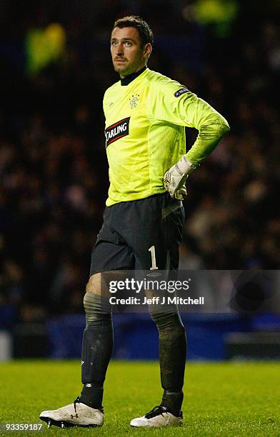 Allan McGregor of Rangers reacts after letting in a second goal during the UEFA Champions League Group G match between Rangers and VfB Stuttgart at...