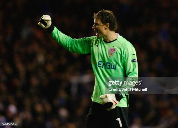 Jens Lehmann of VfB Stuttgart celebrates a goal during the UEFA Champions League Group G match between Rangers and VfB Stuttgart at Ibrox Stadium on...