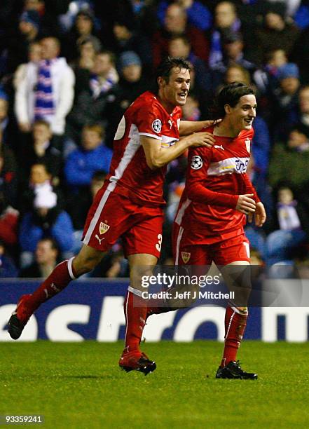 Sebastian Rudy of VfB Stuttgart celebrates after scoring during the UEFA Champions League Group G match between Rangers and VfB Stuttgart at Ibrox...