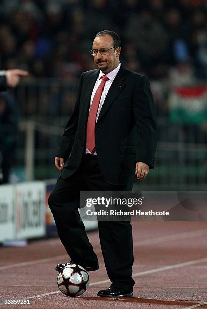 Liverpool Manager Rafa Benitez looks on during the UEFA Champions League group E match between Debrecen and Liverpool at the Ferenc Puskas Stadium on...