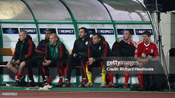 Steven Gerrard of Liverpool looks on from the bench during the UEFA Champions League group E match between Debrecen and Liverpool at the Ferenc...