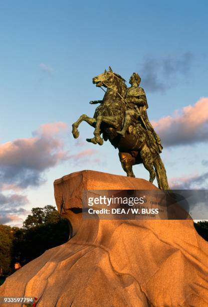 Equestrian statue of Peter the Great by Etienne Maurice Falconet , bronze statue, Senate Square, formerly known as Decembrists' Square, Saint...