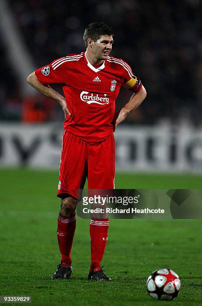 Steven Gerrard of Liverpool waits to take a freekick during the UEFA Champions League group E match between Debrecen and Liverpool at the Ferenc...