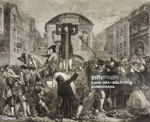 De Foe in the pillory, engraving from a painting by Eyre Crowe, illustration from the magazine The Illustrated London News, volume XLI, August 2,...