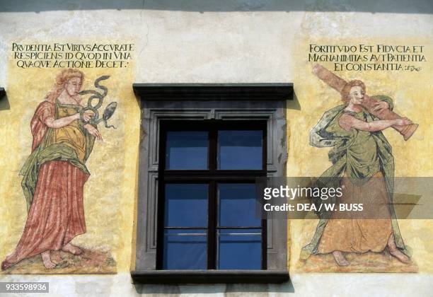 Allegory of prudence and strength, fresco on the facade of the old town hall in Levoca , Slovakia, 15th-17th century.