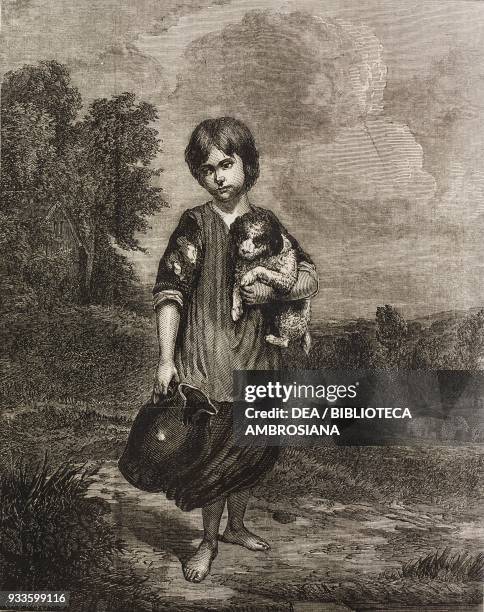 Girl with a pitcher and a puppy, engraving from the painting by Thomas Gainsborough, illustration from the magazine The Illustrated London News,...